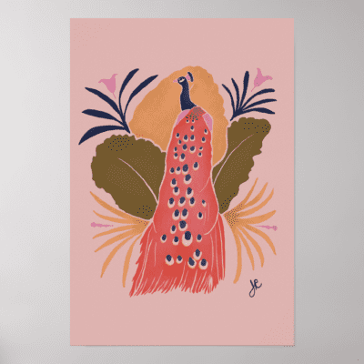 This artwork features a stylized peacock with its back facing the viewer, displaying its tail feathers. The color palette is warm, primarily using shades of red, pink, orange, green, and blue. The peacock’s tail has a pattern of eye-like shapes, which are common in peacock plumage. Surrounding the peacock are abstract plant-like shapes with leaves and stems in complementary colors, adding a natural, organic feel to the composition. The style is modern, with a flat, illustrative technique that emphasizes bold shapes and colors rather than fine details. There is also a signature at the bottom right, which appears to be “JR.”
