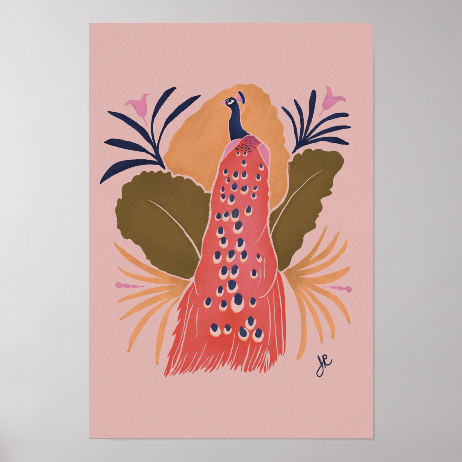 This artwork features a stylized peacock with its back facing the viewer, displaying its tail feathers. The color palette is warm, primarily using shades of red, pink, orange, green, and blue. The peacock’s tail has a pattern of eye-like shapes, which are common in peacock plumage. Surrounding the peacock are abstract plant-like shapes with leaves and stems in complementary colors, adding a natural, organic feel to the composition. The style is modern, with a flat, illustrative technique that emphasizes bold shapes and colors rather than fine details. There is also a signature at the bottom right, which appears to be “JR.”